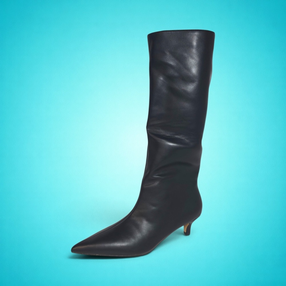 New Women's Black Knee-High Boots, Pointed Toe, Kitten Heel, Size 9